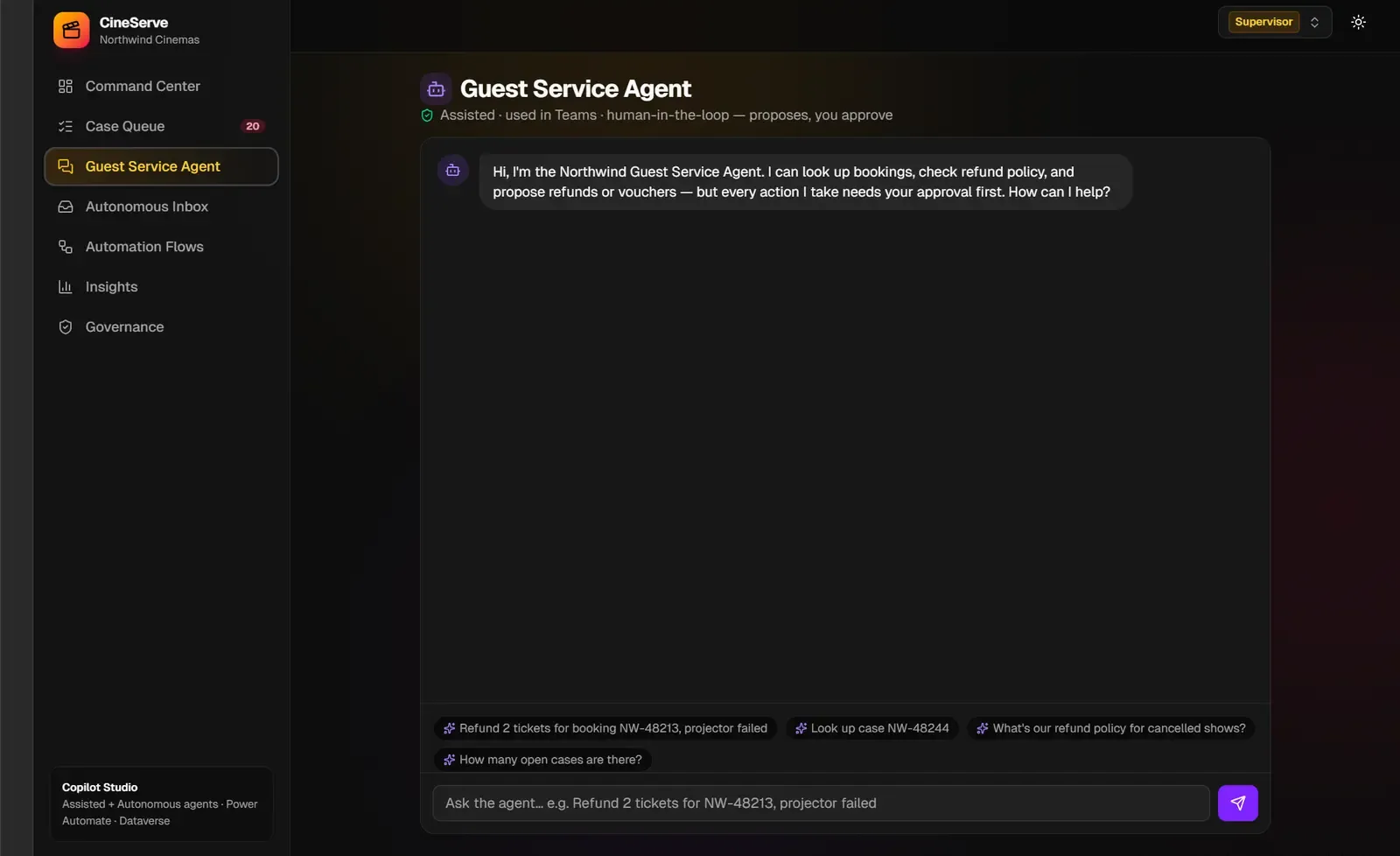 CineServe guest service agent styled like a Teams chat, proposing a refund that waits for a person to approve it.