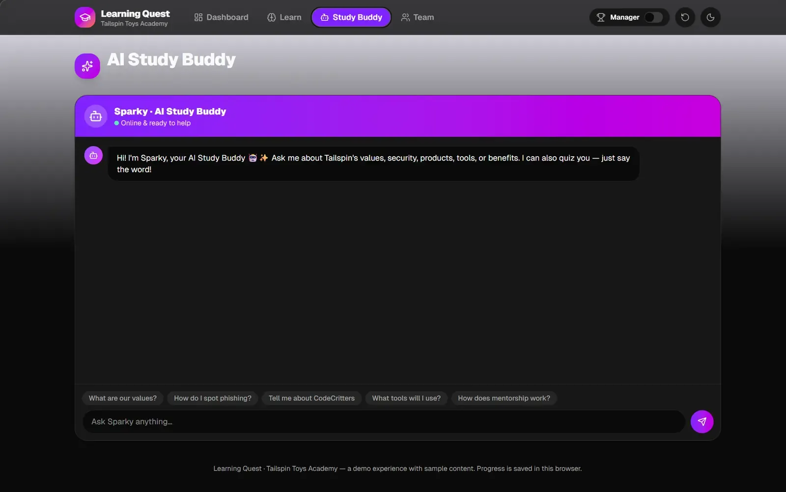 Learning Quest Study Buddy chat for Tailspin Toys, ready to answer questions about company values and security.