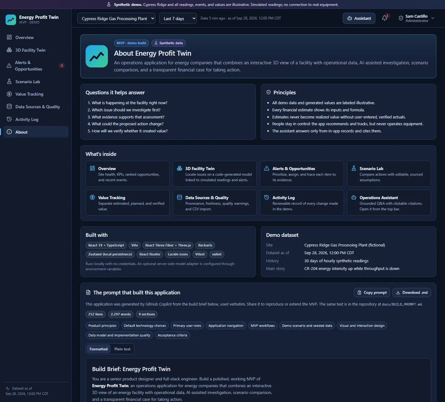 Opus 5.5 About page describing the app, its principles, and its stack, with the build brief shown below and Copy and Download buttons.