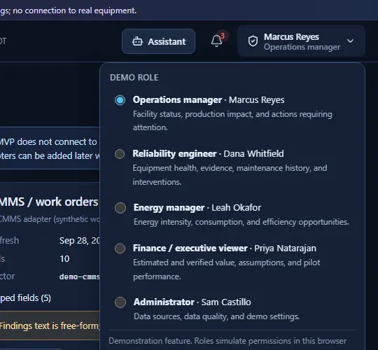 Opus 5.5 role menu listing five demo roles, each with a fictional name and a short description of what the role is for.