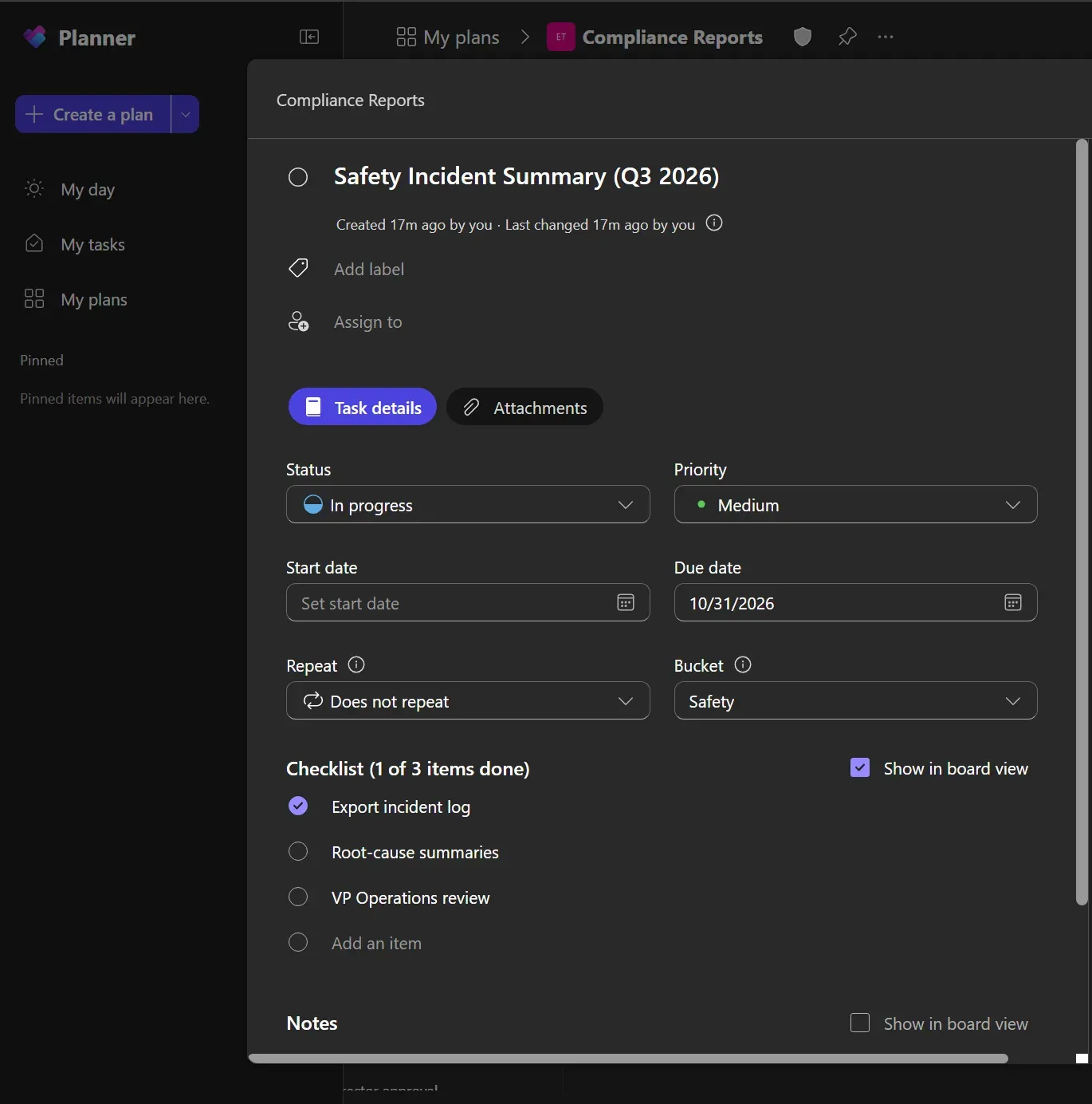 Planner task details for Safety Incident Summary (Q3 2026) with status In progress, due date 10/31/2026, bucket Safety, and a checklist with one of three items done.