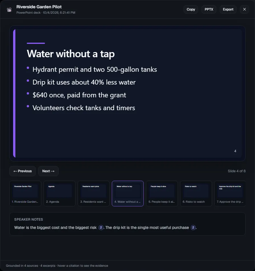 Slide preview titled Water without a tap with four bullet points, a row of slide thumbnails, and cited speaker notes underneath.
