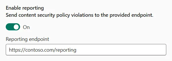 Enable reporting toggle turned on, with a Reporting endpoint text box below it containing a placeholder URL.