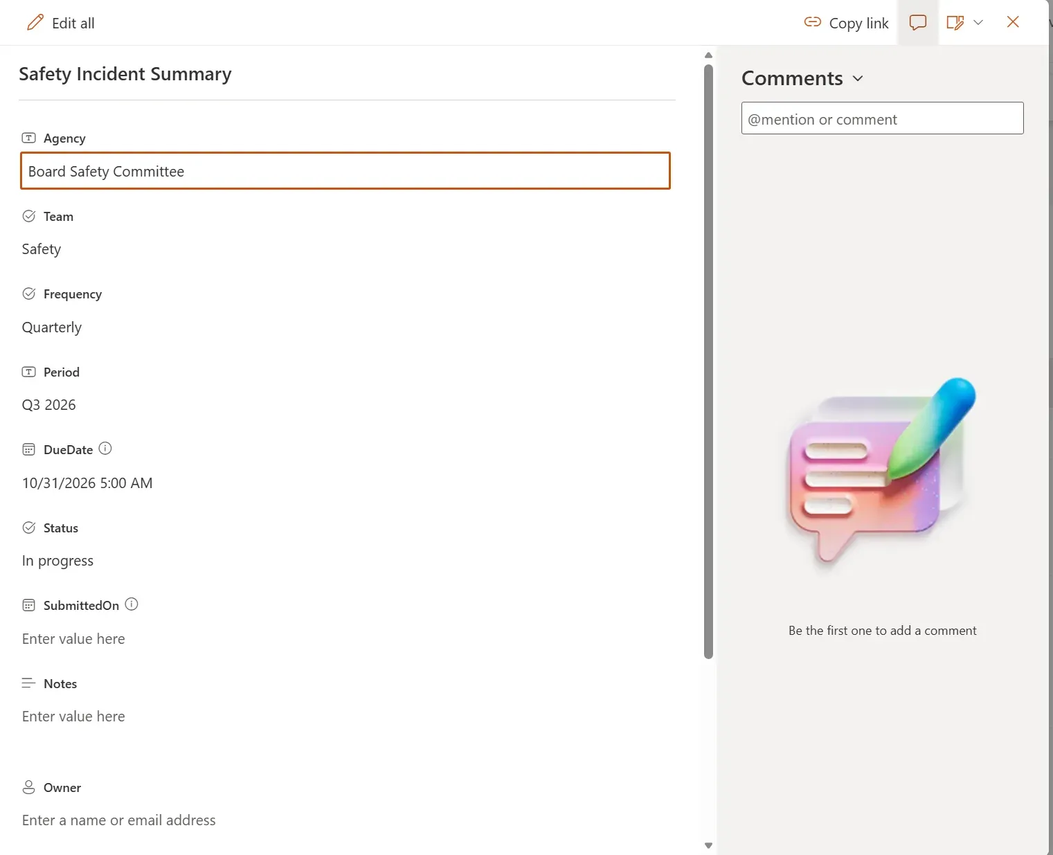 SharePoint list item for Safety Incident Summary showing agency, team, frequency, period, due date, status, submitted on, notes, and owner fields, with a comments pane on the right.