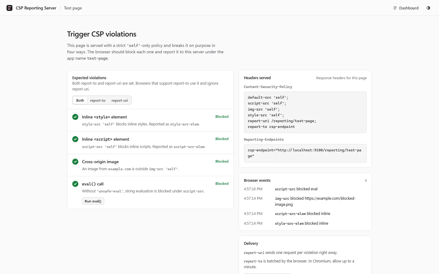 Built-in test page listing four blocked violations (inline style, inline script, cross-origin image, and eval) next to the Content-Security-Policy and Reporting-Endpoints headers it served.