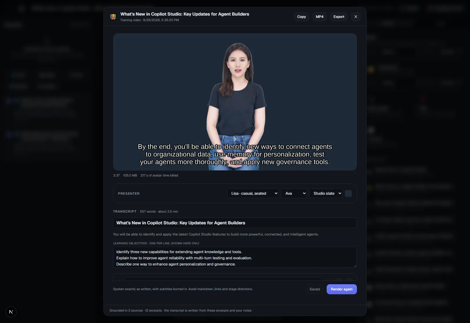 Finished training video with a presenter in a black t-shirt above the editable transcript, with presenter, voice, and background pickers and a Render again button.
